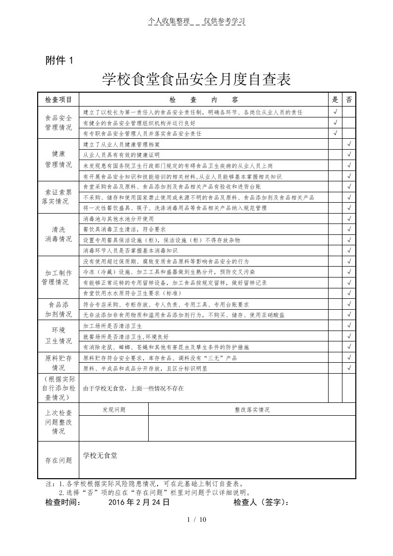 小学食堂食品安全度自查表（明细）