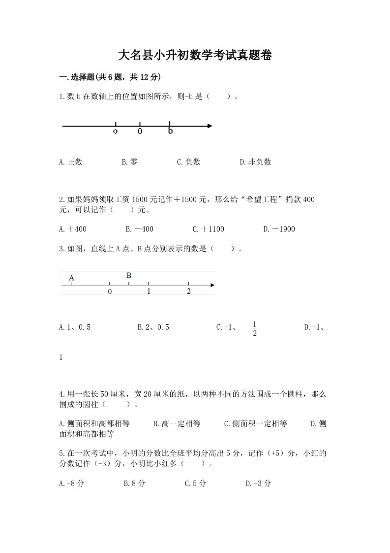 大名县小升初数学考试真题卷推荐