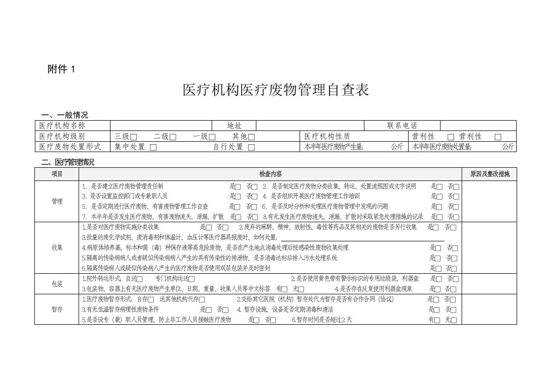 医疗机构医疗废物管理自查表