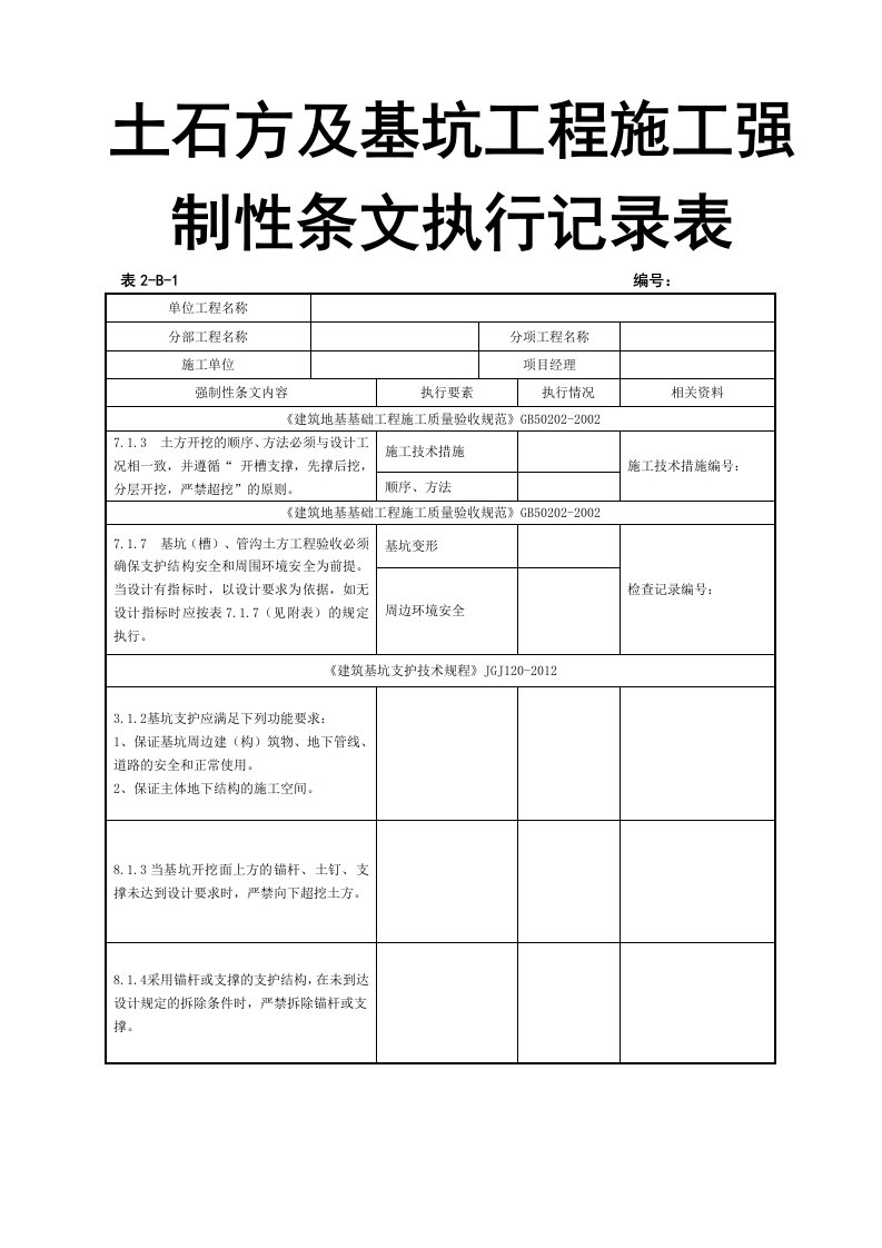 土石方及基坑工程施工强制性条文执行记录表