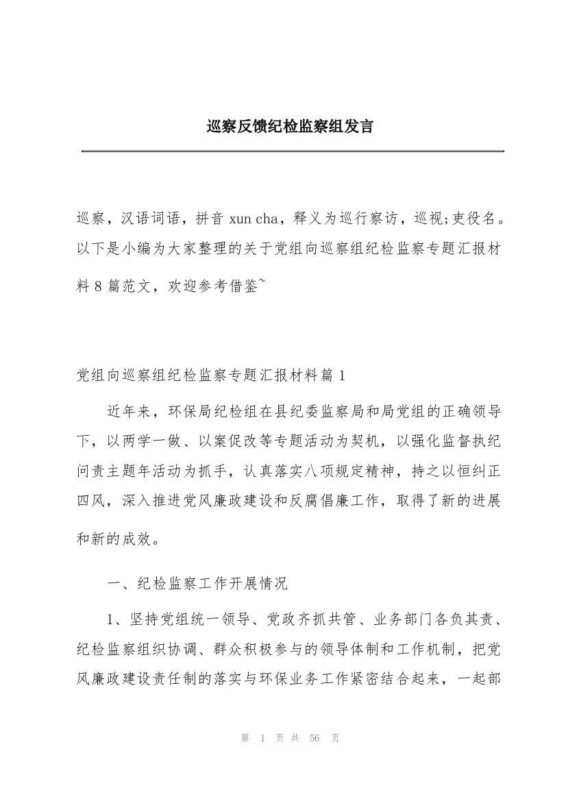 巡察反馈纪检监察组发言