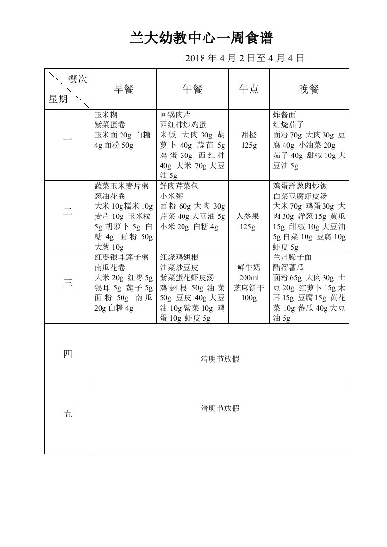 兰大幼教中心一周食谱