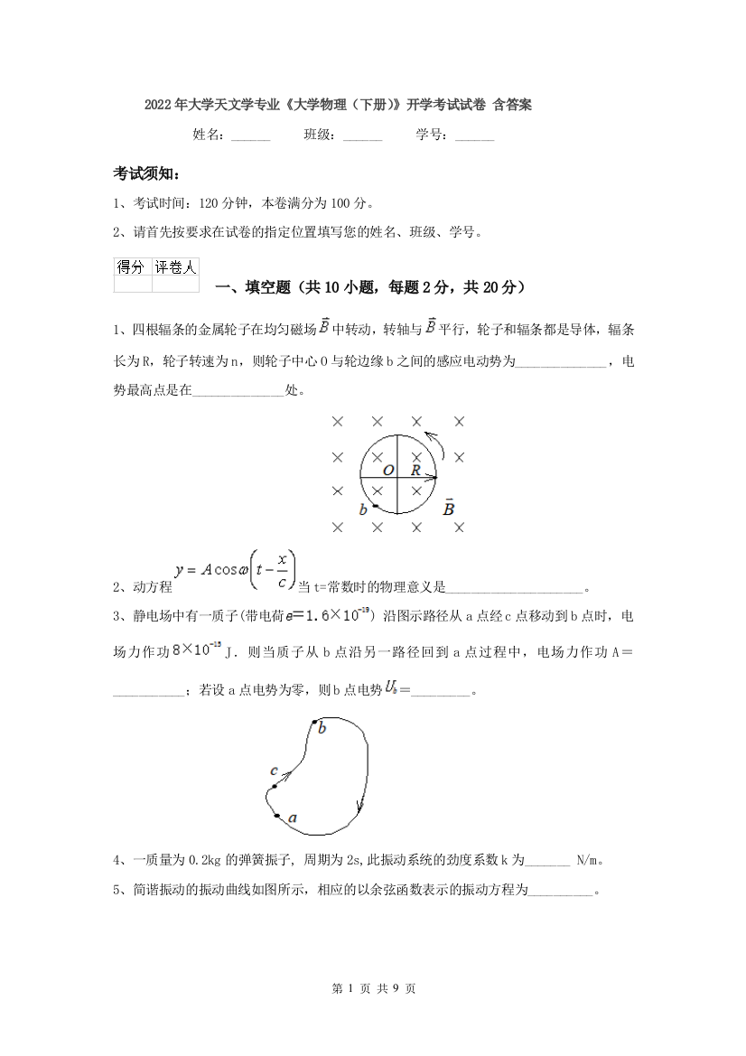 2022年大学天文学专业大学物理下册开学考试试卷-含答案