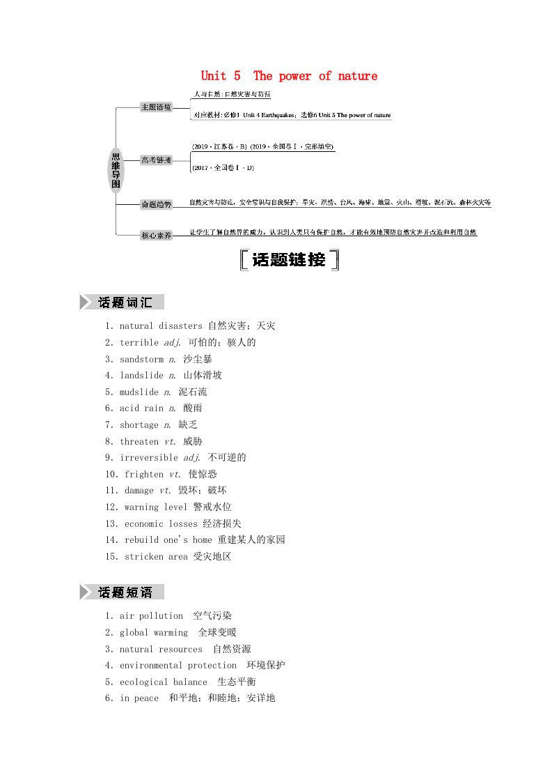 山东专用2021高考英语一轮复习选修6Unit5Thepowerofnature学案含解析