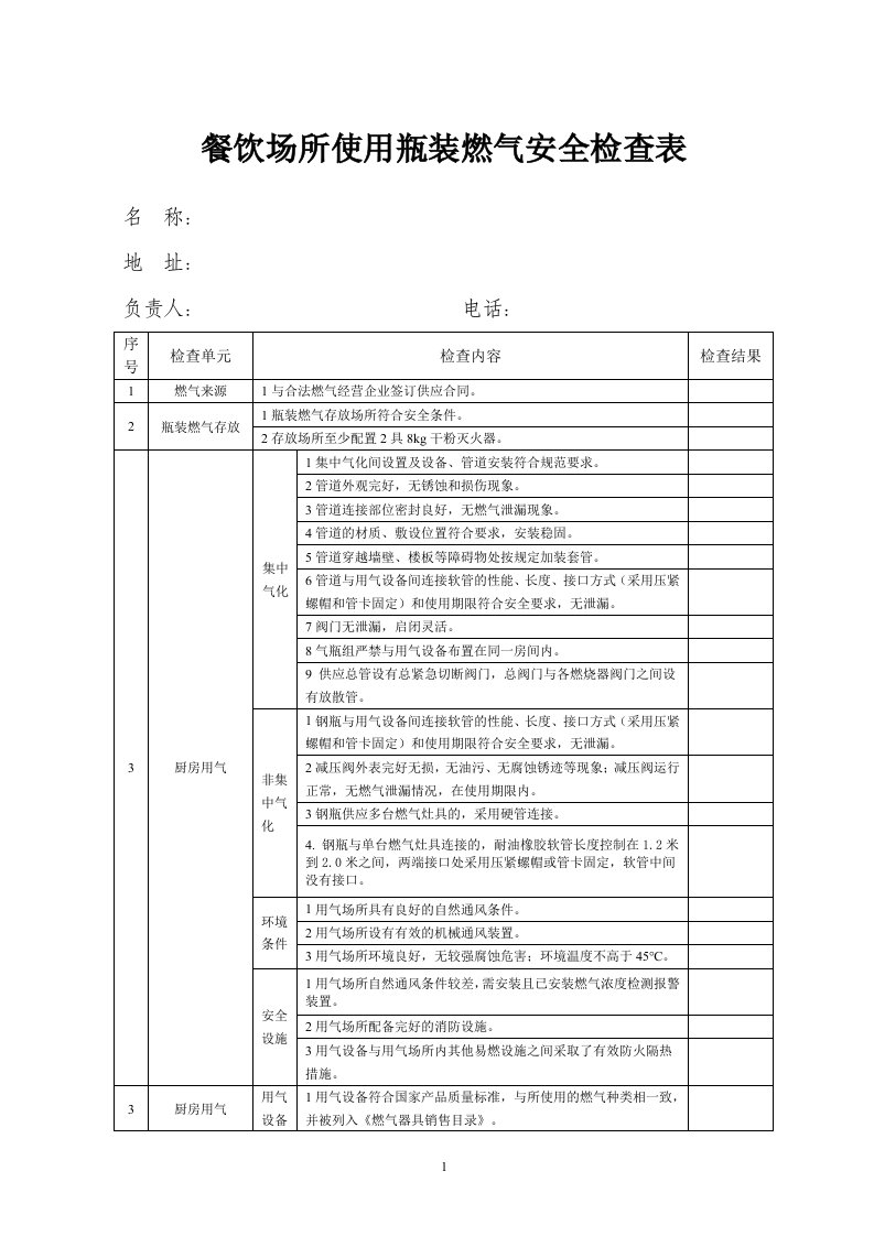 餐饮场所使用瓶装燃气安全检查表.doc