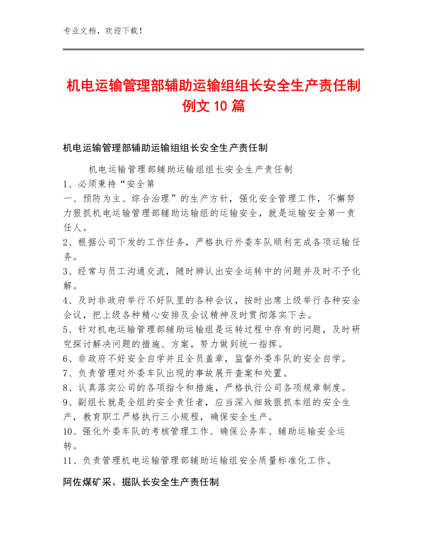 机电运输管理部辅助运输组组长安全生产责任制例文10篇