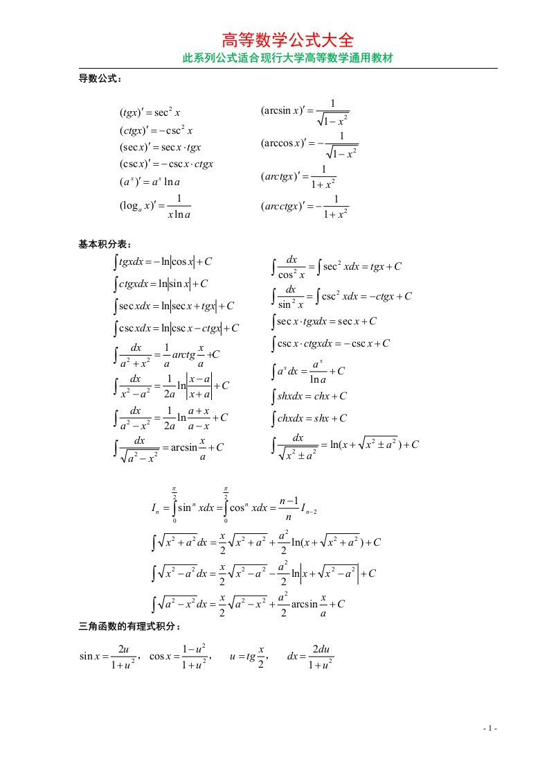 大学数学公式总结大全