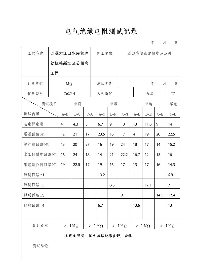 3电气绝缘电阻测试记录