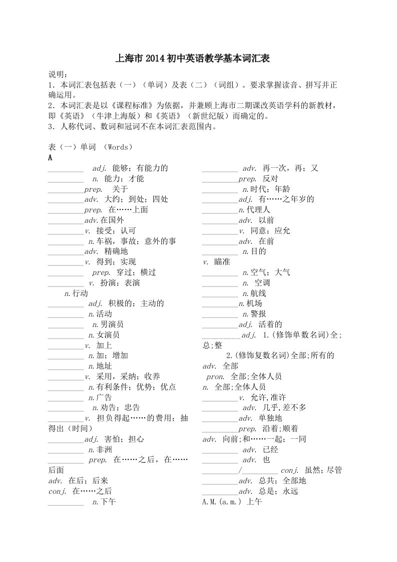 上海市2014初中英语教学基本词汇表附音标