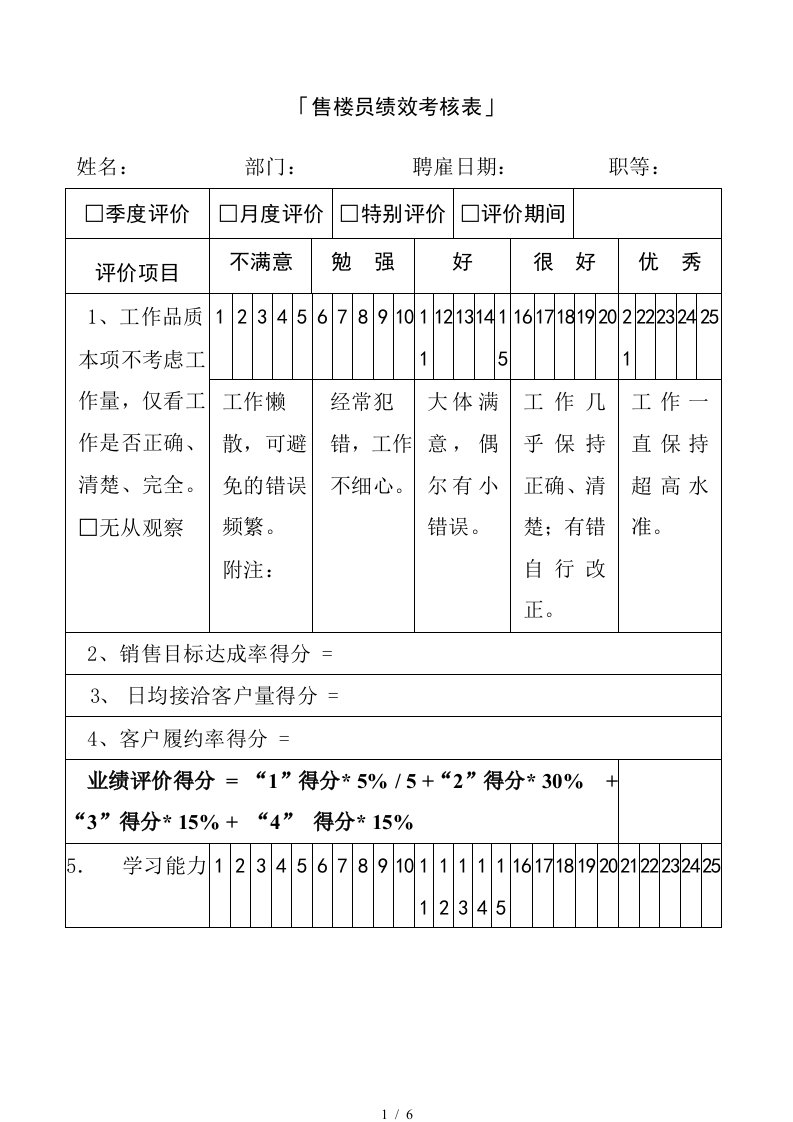 「售楼员绩效考核表」