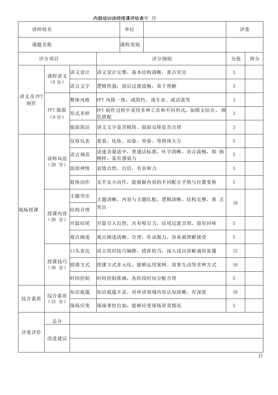 讲师授课评分表