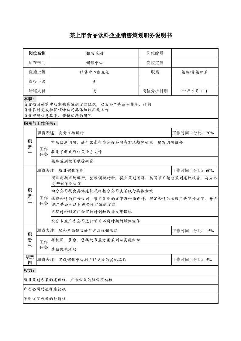 食品饮料企业销售策划职务说明书