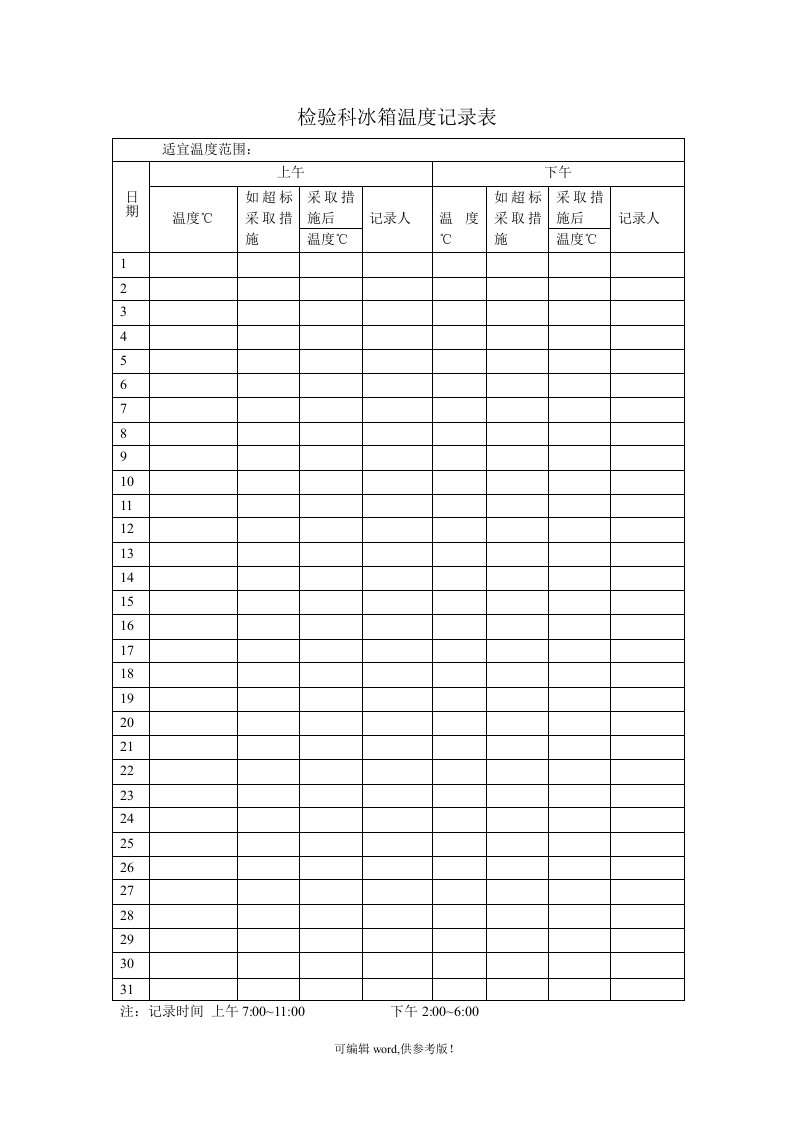 检验科冰箱温度记录表