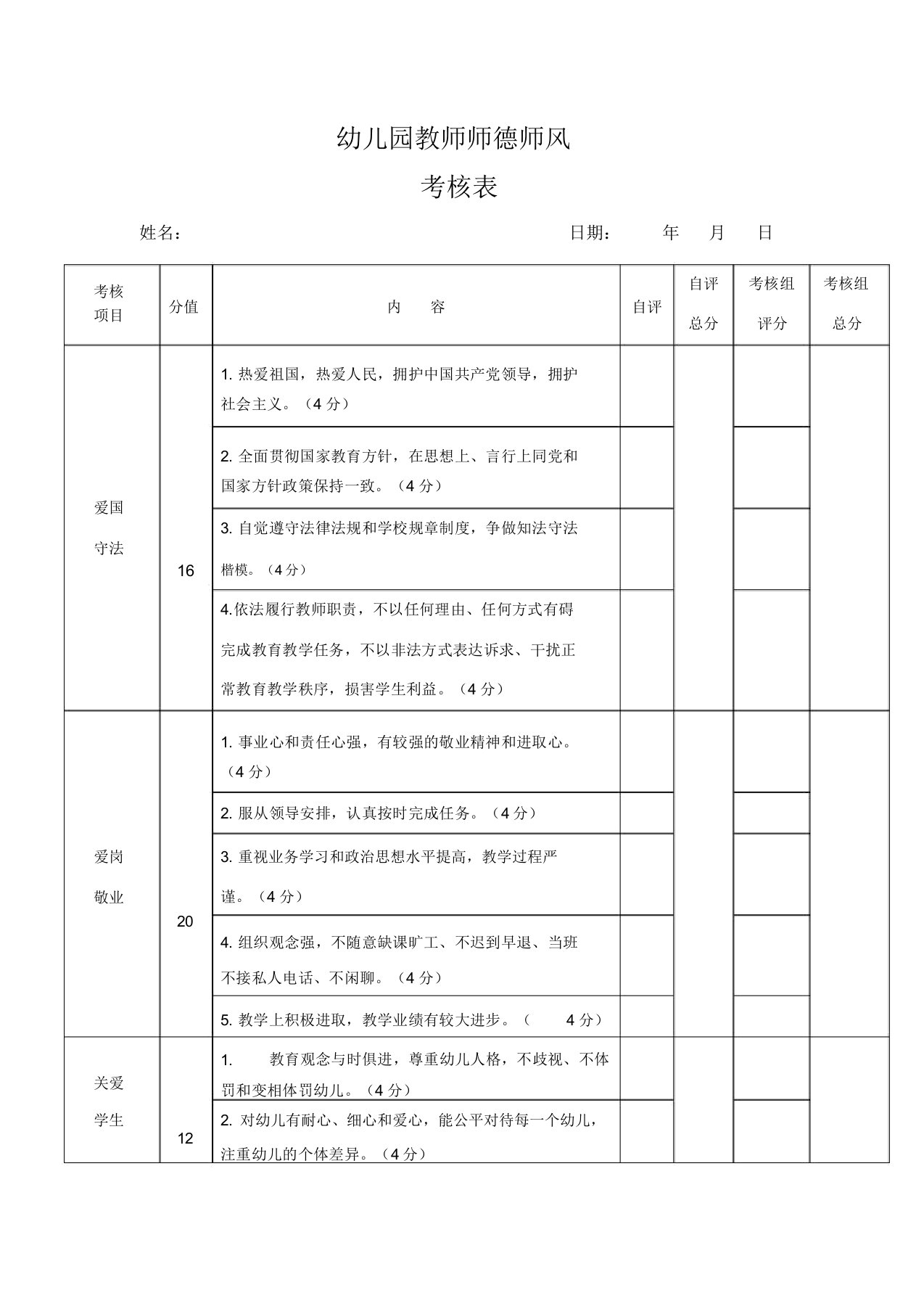 幼儿园教师师德师风考核表