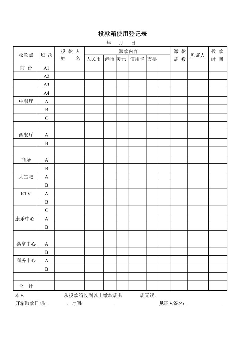 财务部投款箱使用登记表