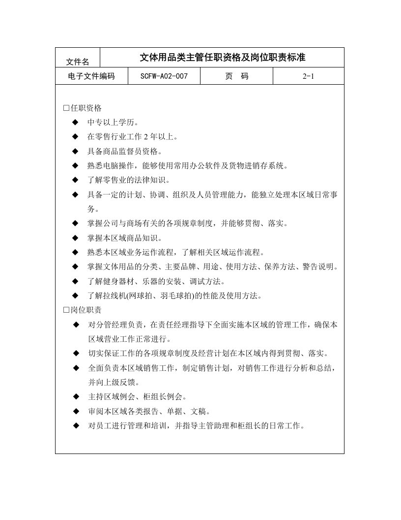 文体用品类主管任职资格及岗位职责标准