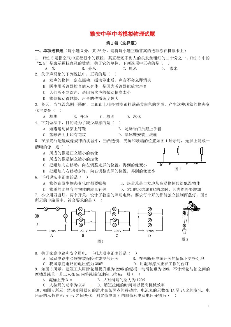 四川省雅安市中考物理模拟试题