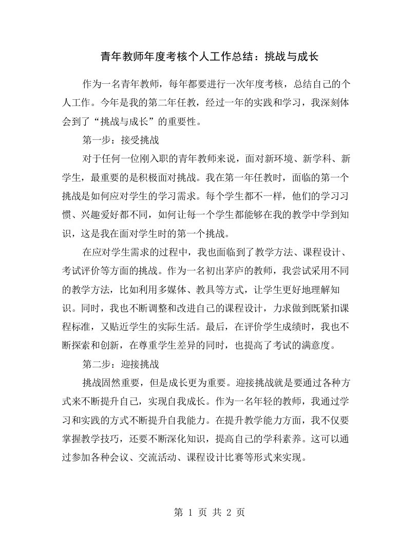 青年教师年度考核个人工作总结：挑战与成长