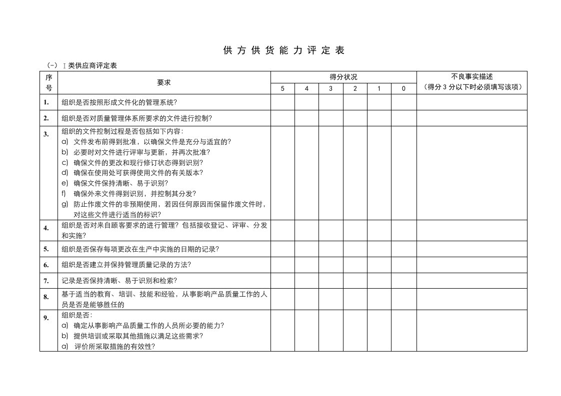 供方供货能力评定表