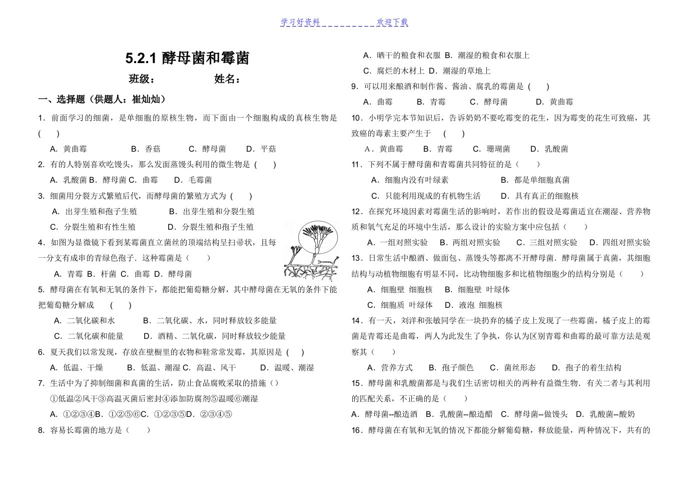 初二生物酵母菌和霉菌习题