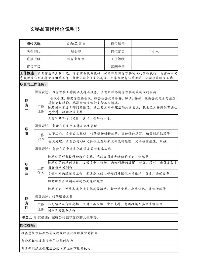 企业文秘品宣岗位职责说明书