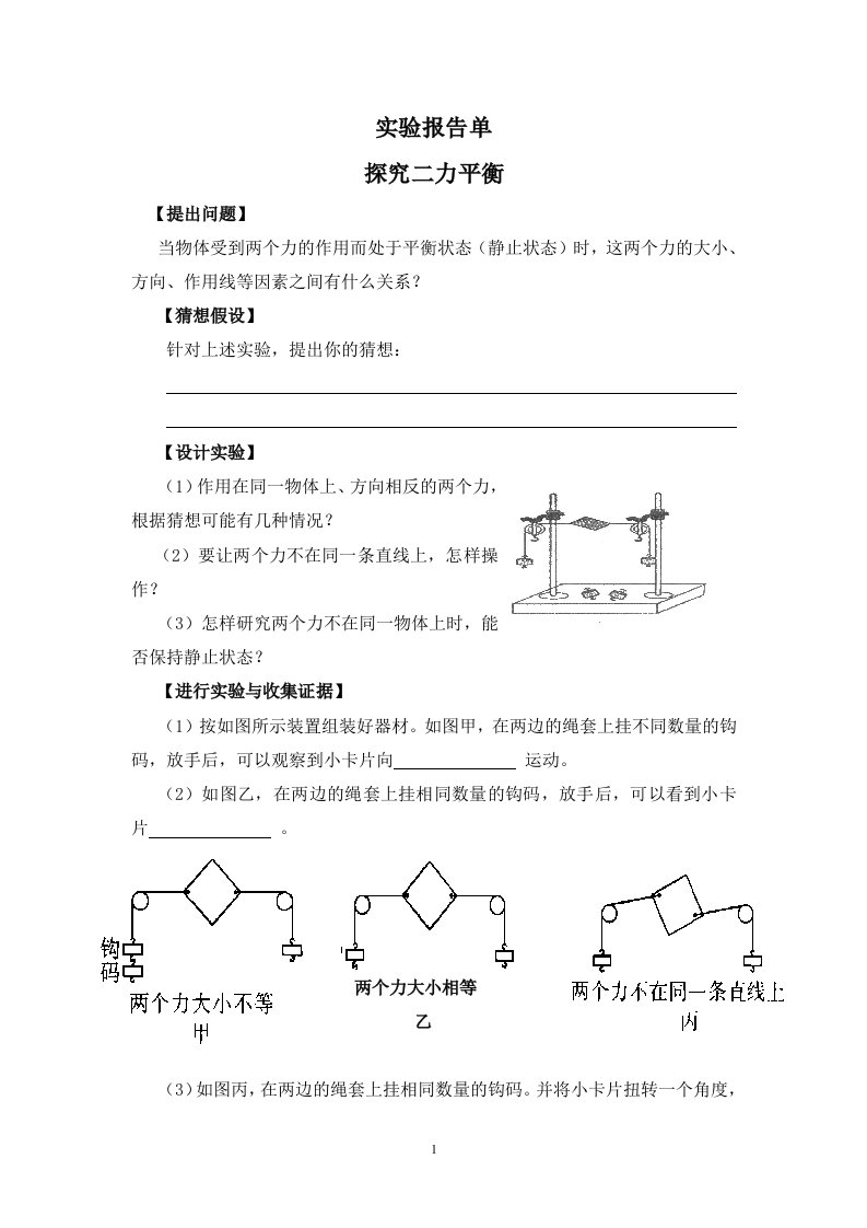 《二力平衡》实验报告单