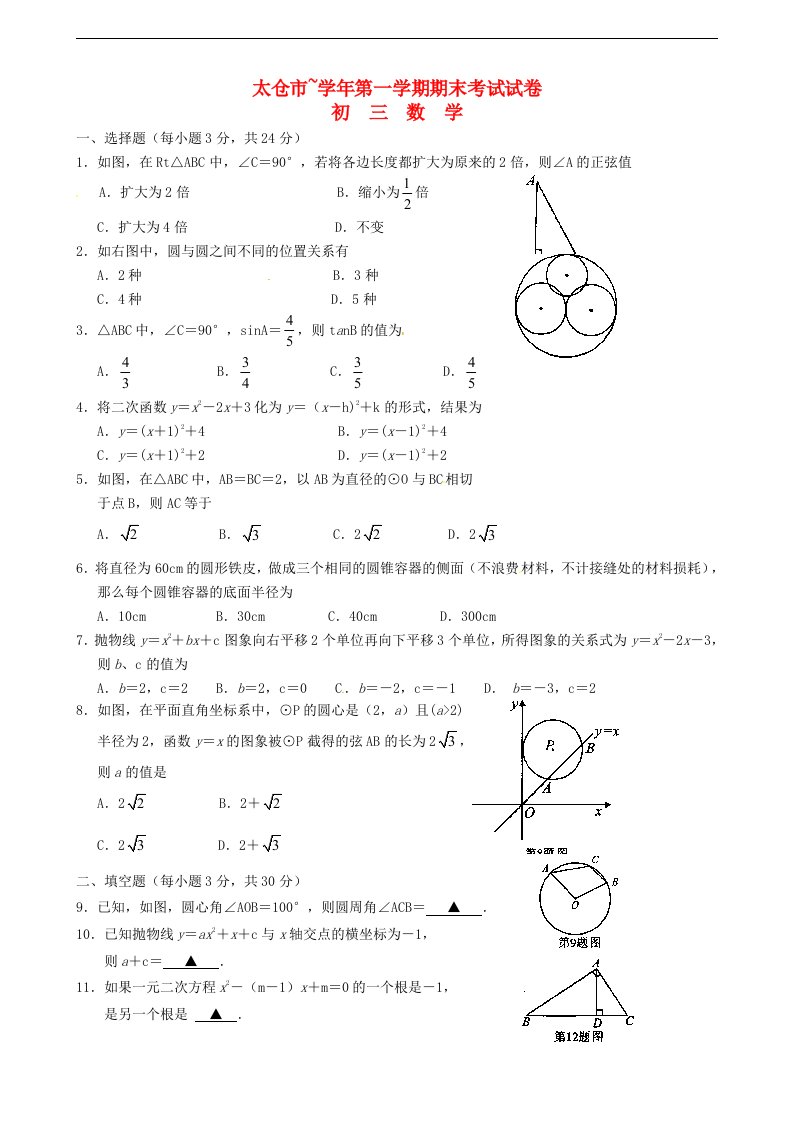 江苏省太仓市九级数学上学期期末考试试题