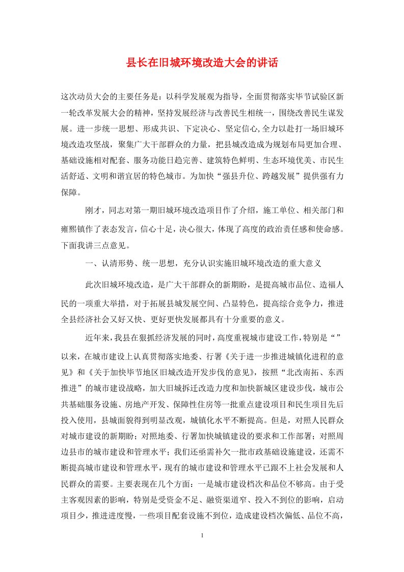 县长在旧城环境改造大会的讲话通用