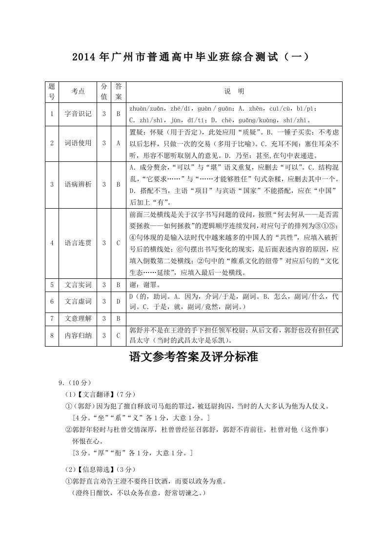 2014年广州市普通高中毕业班综合测试广州一模语文Word版含答案