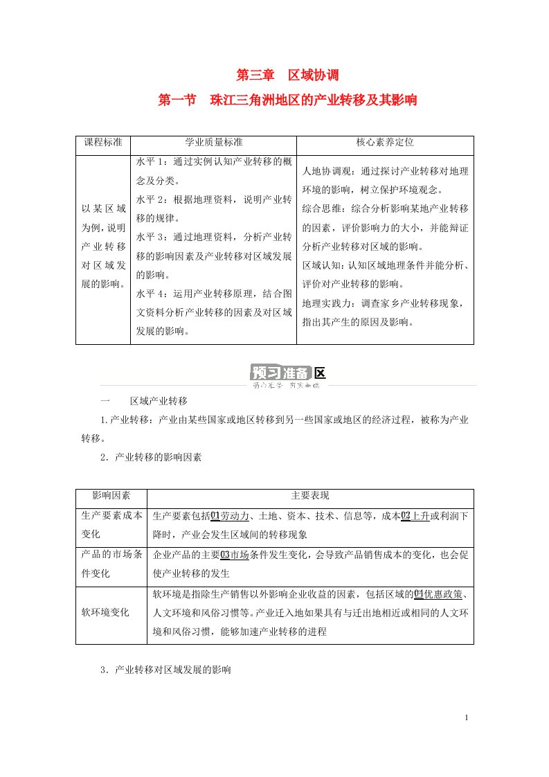 新教材高中地理第三章区域协调第一节珠江三角洲地区的产业转移及其影响导学案中图版选择性必修2