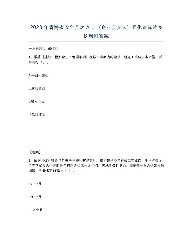 2023年青海省安全员之A证企业负责人强化训练试卷B卷附答案