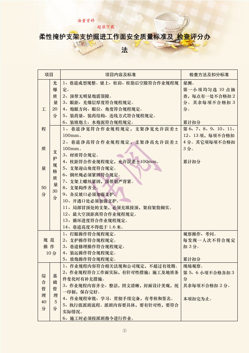 柔性掩护支架支护掘进工作面安全质量标准及