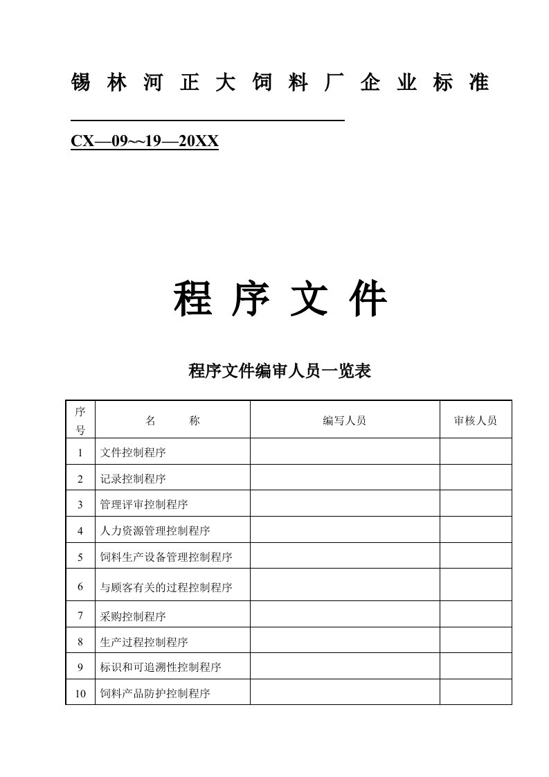 某饲料厂企业标准程序文件