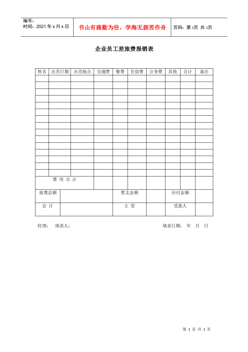 企业员工差旅费报销表