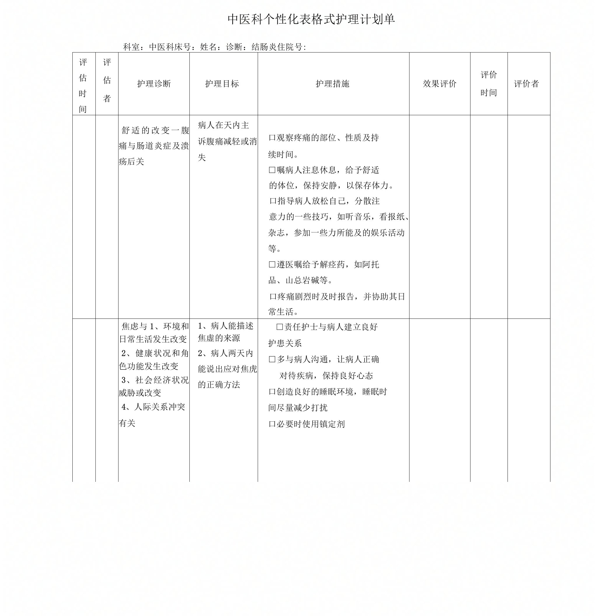 结肠炎病人个性化护理计划单