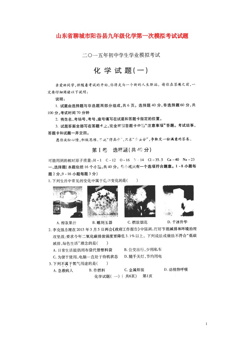 山东省聊城市阳谷县九级化学第一次模拟考试试题（扫描版）