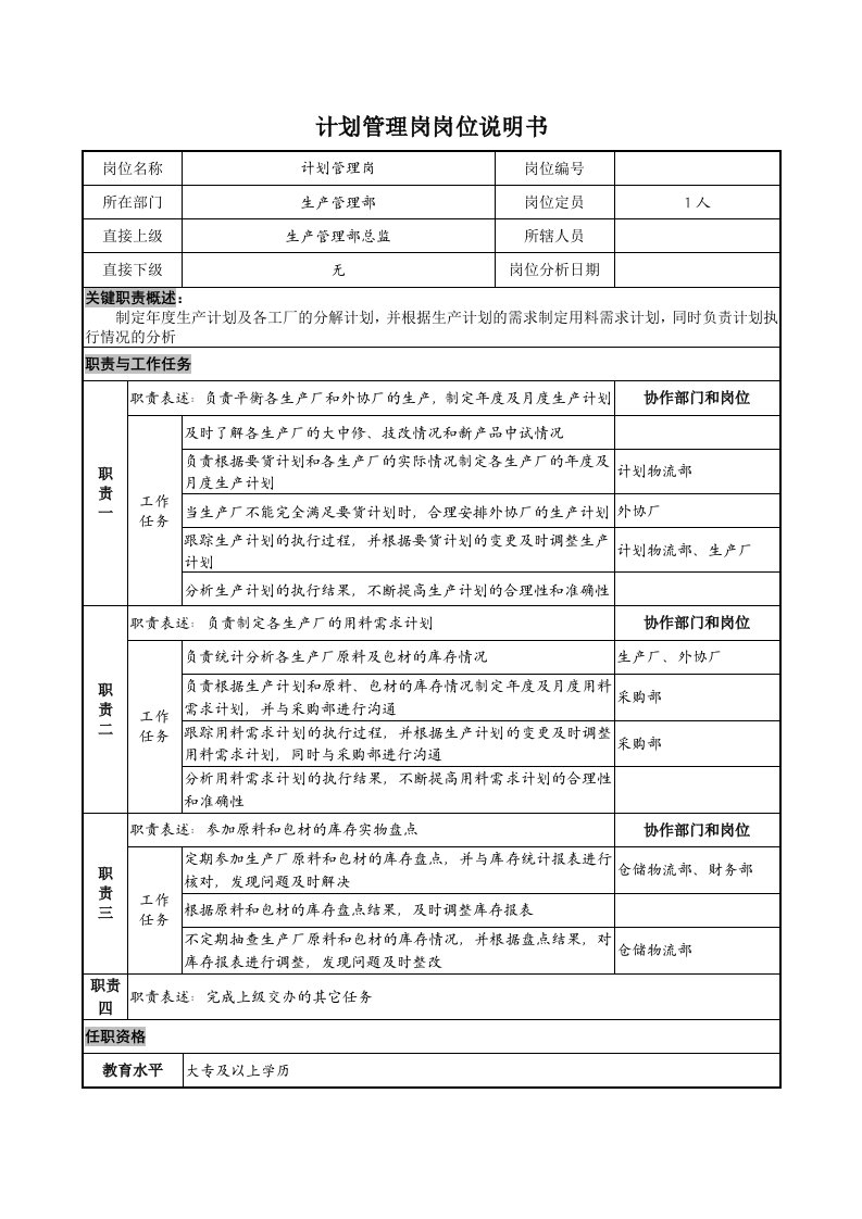 计划管理岗岗位说明书