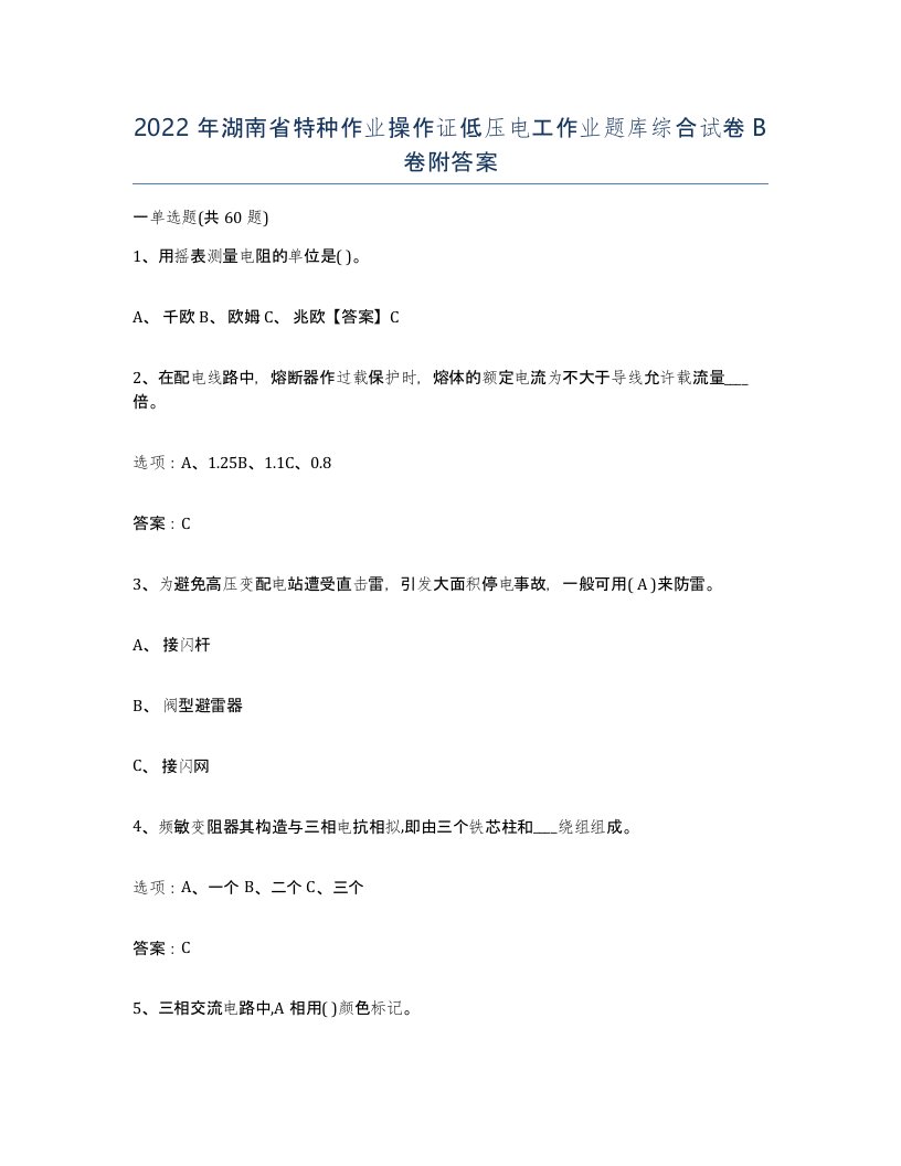 2022年湖南省特种作业操作证低压电工作业题库综合试卷B卷附答案