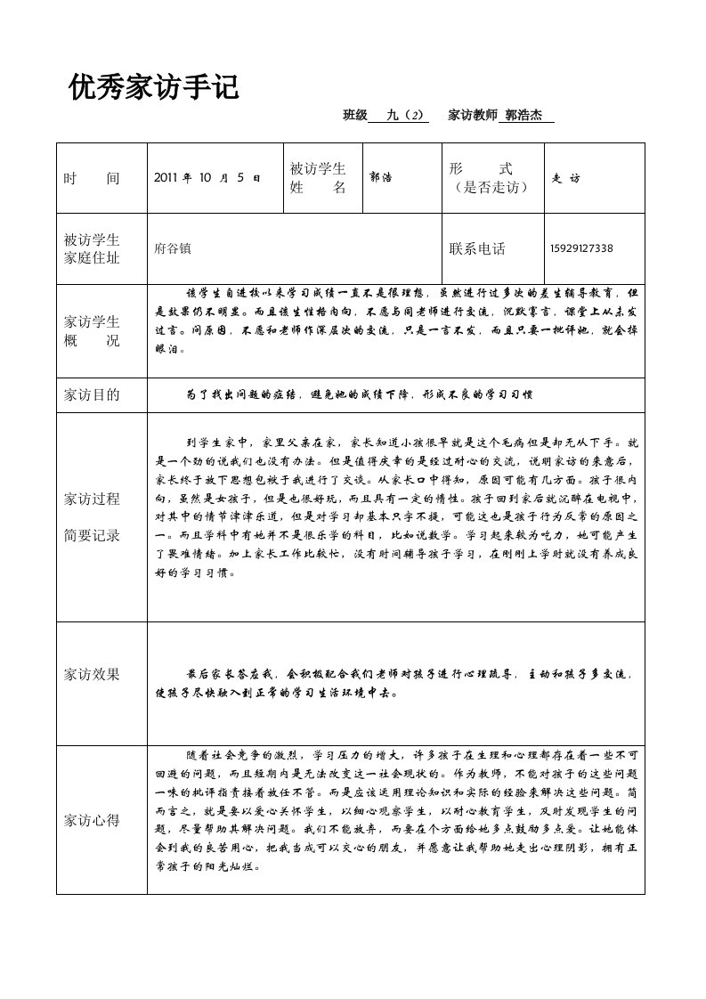 教师家访记录表