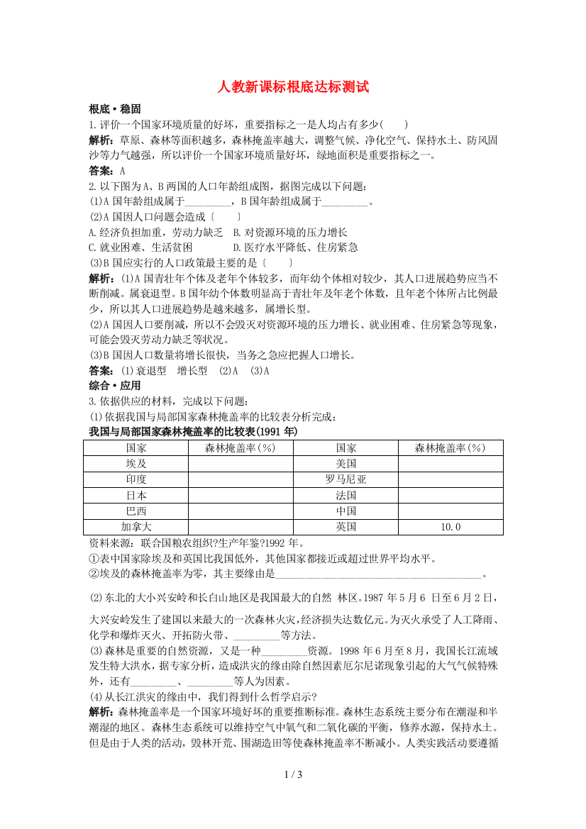 高中生物-人口增长对生态环境的影响基础达标测试-新人教版必修3