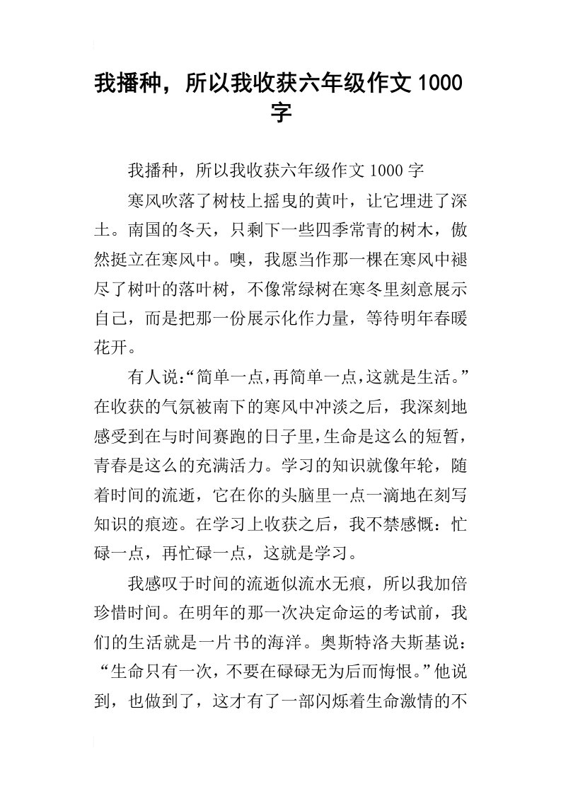 我播种，所以我收获六年级作文1000字