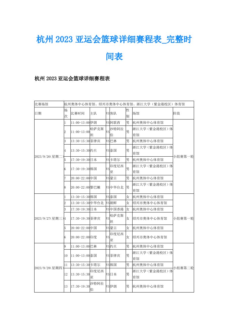 杭州2023亚运会篮球详细赛程表_完整时间表