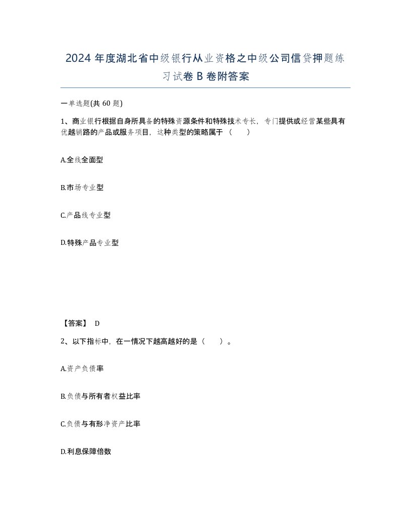 2024年度湖北省中级银行从业资格之中级公司信贷押题练习试卷B卷附答案