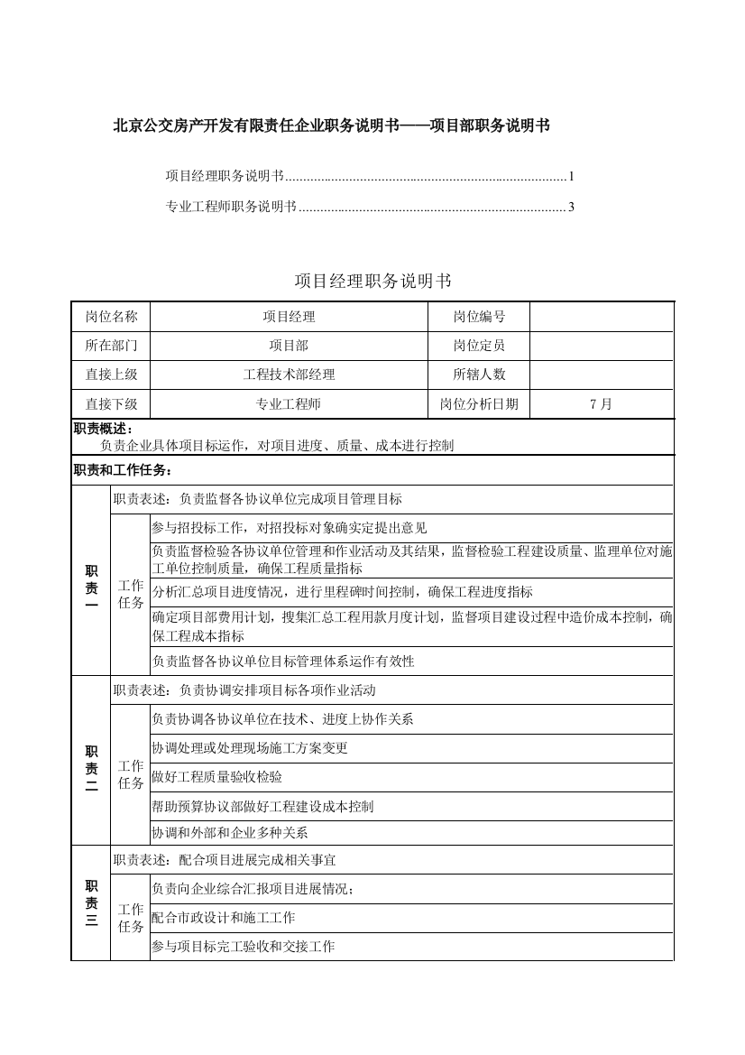 房地产公司项目部职务说明书样本