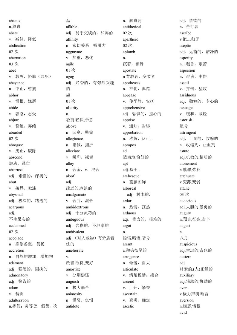 美国学生总结的1163个GRE常考词汇wordlist(中文释义)