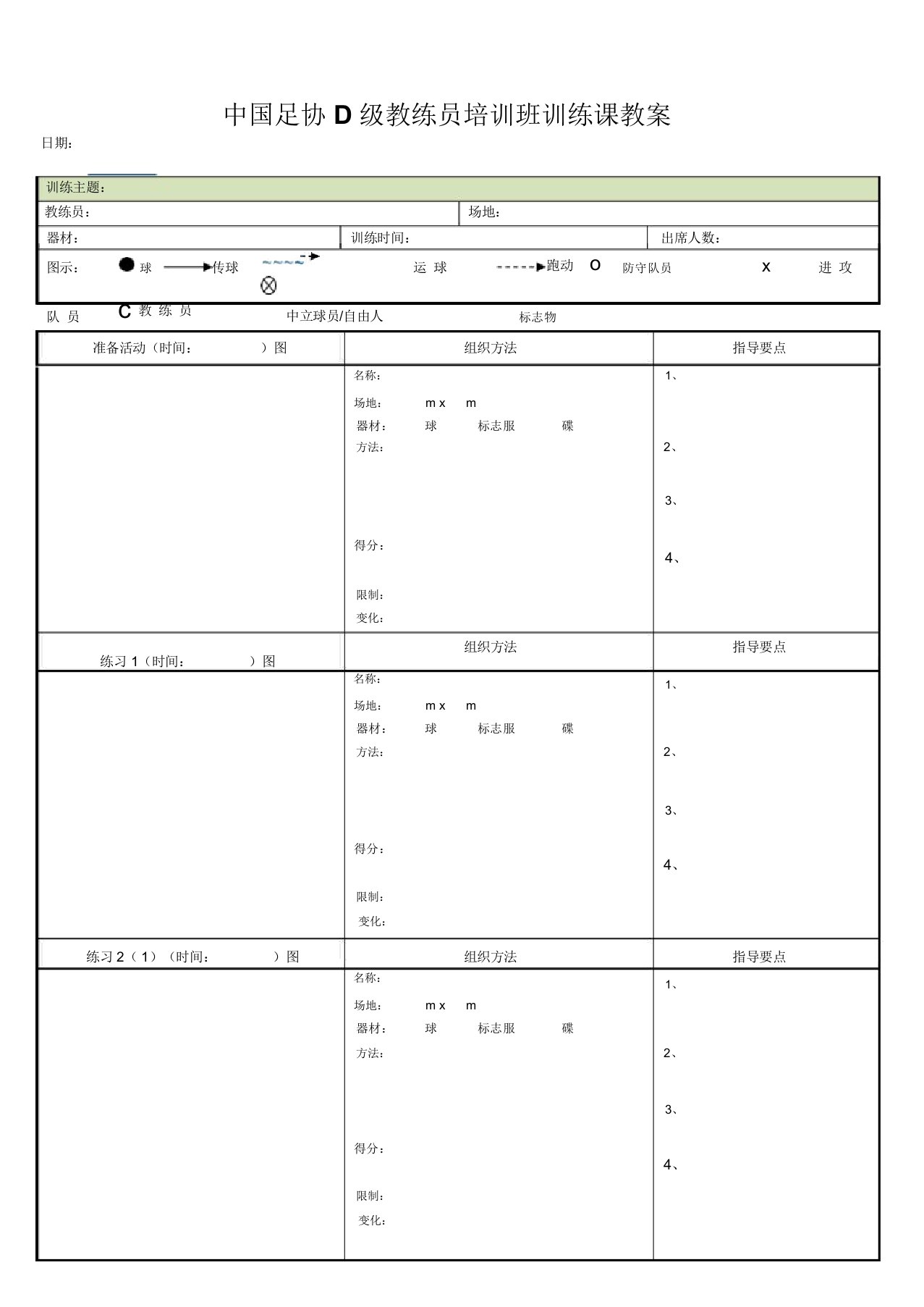 中国足协D级足球教练证训练教案模板