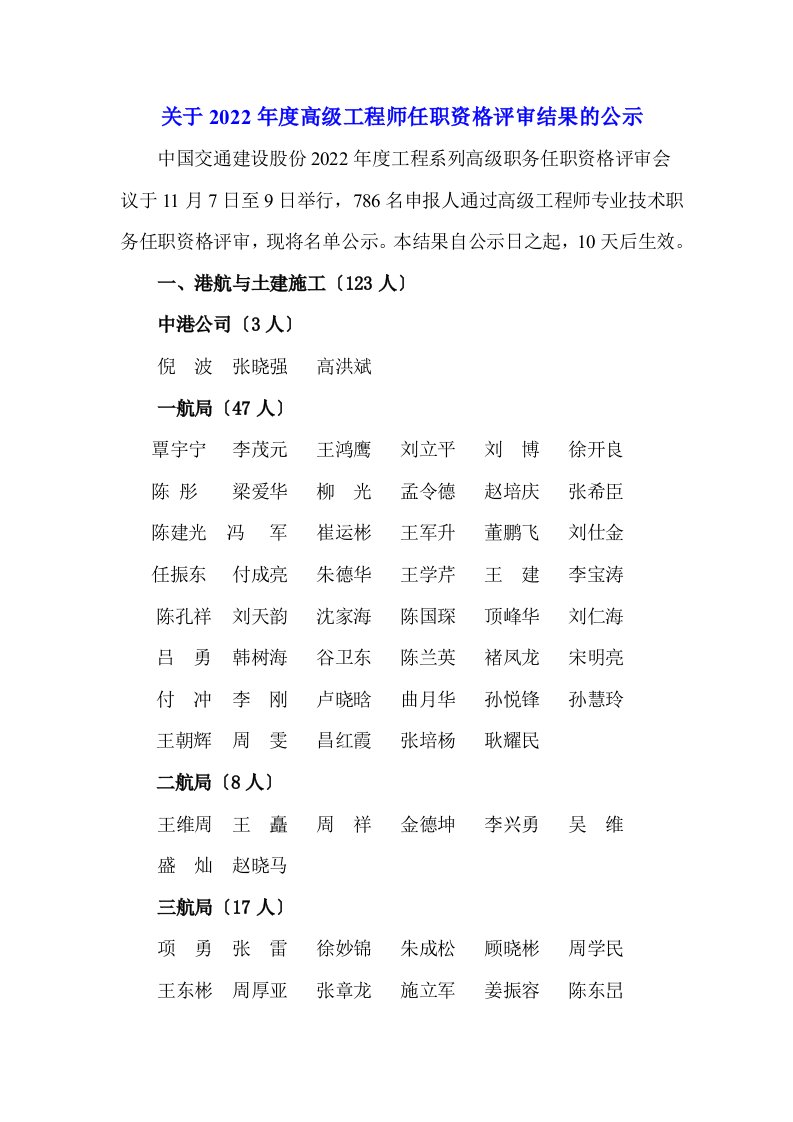 关于2022年度高级工程师任职资格评审结果的公示2