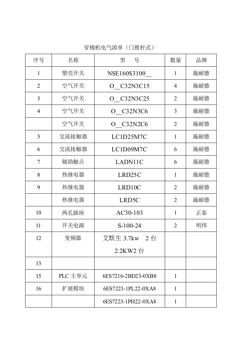 穿梭机电气清单(门推杆)