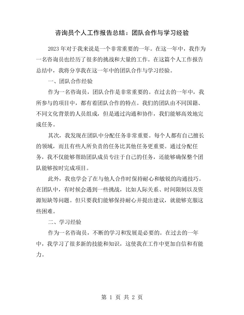 咨询员个人工作报告总结：团队合作与学习经验