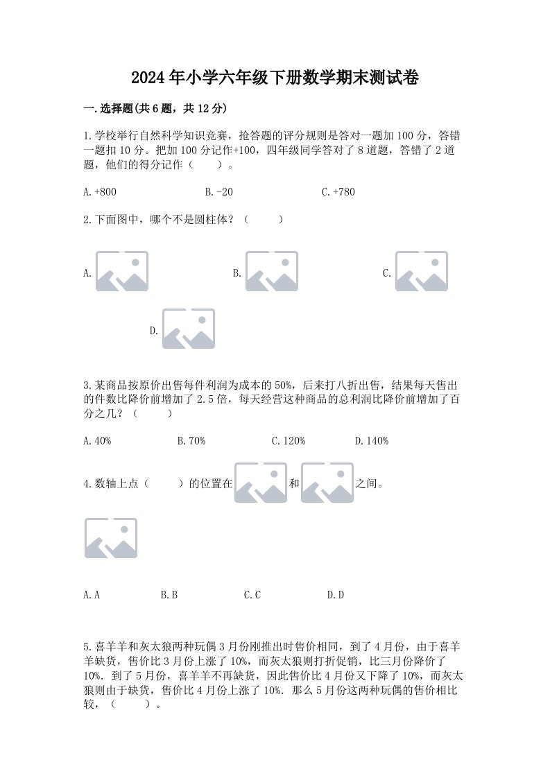 2024年小学六年级下册数学期末测试卷及答案（典优）